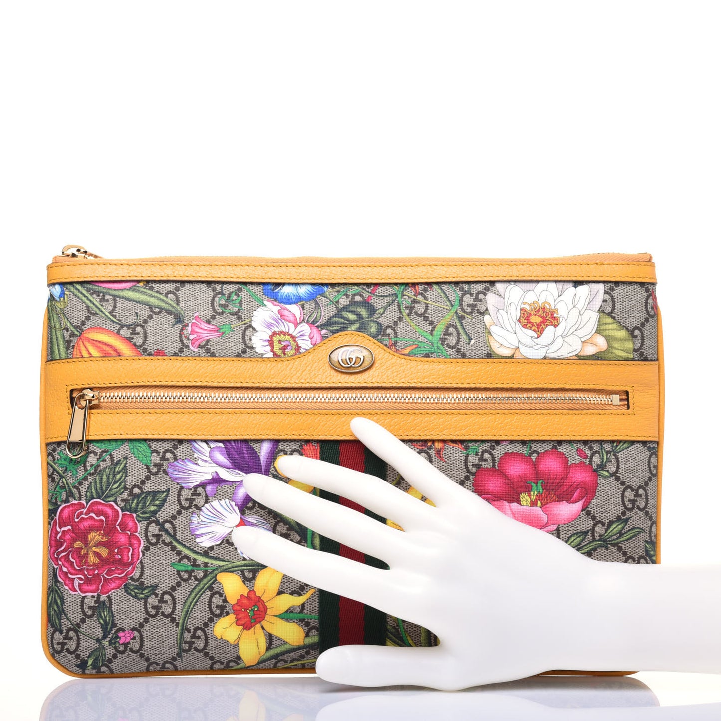 GG Supreme Monogram Flora Large Ophidia Pouch Clutch Beige Multicolor Crop