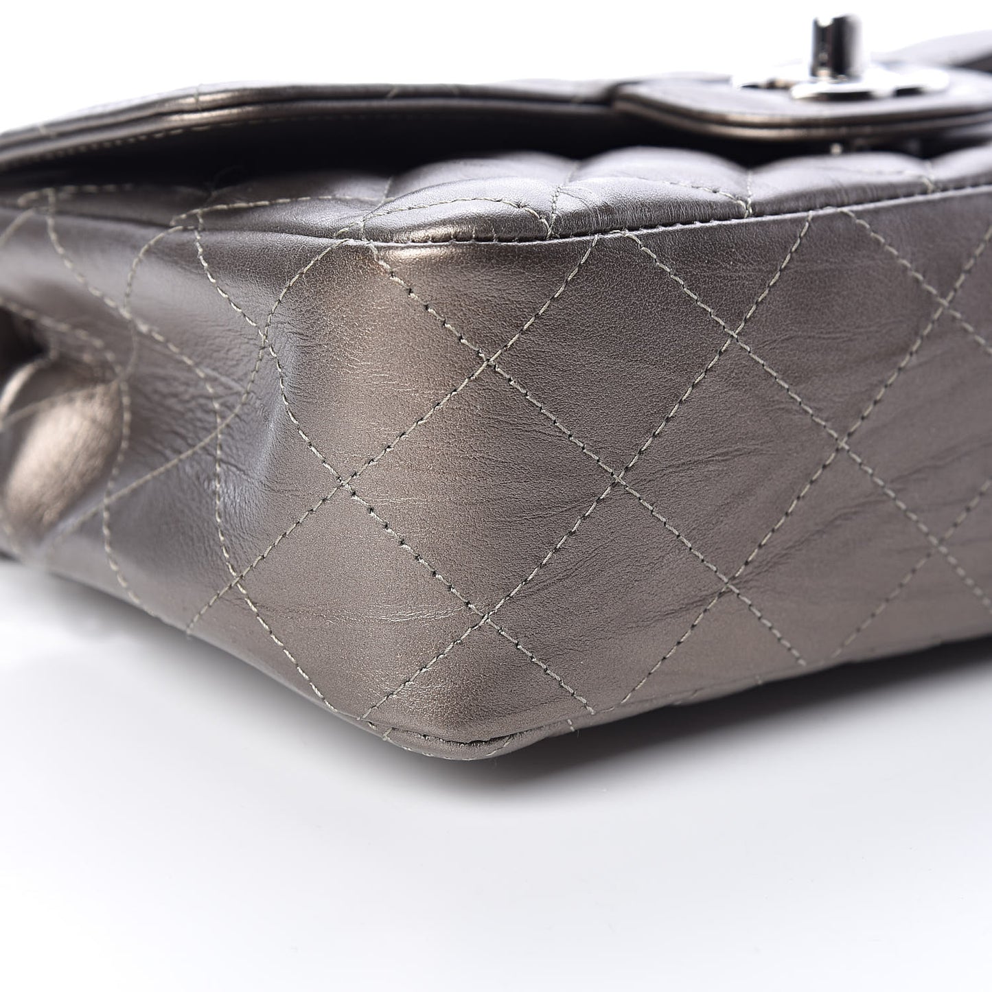 Iridescent Calfskin Quilted Mini Rectangular Flap Dark Silver