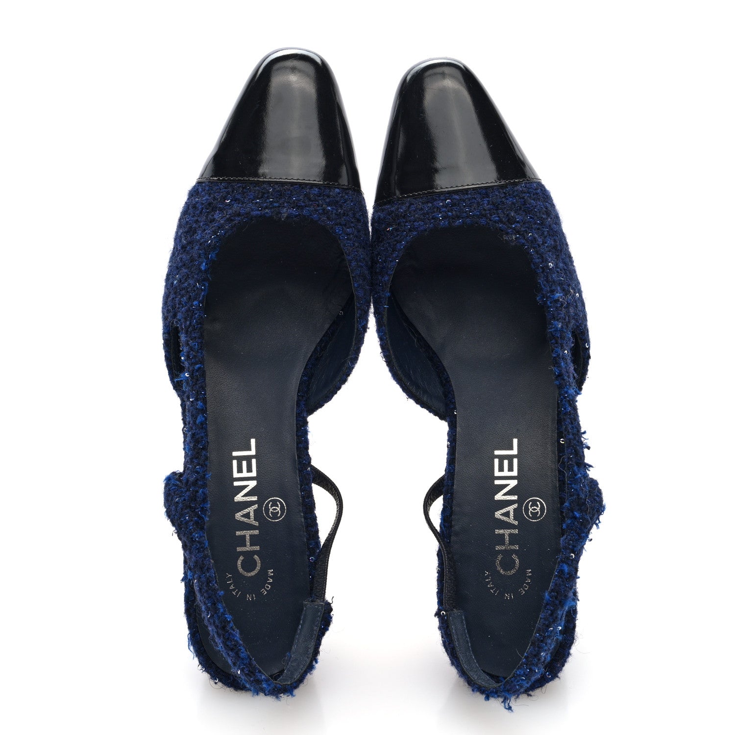 Chanel Tweed Patent Cap Toe CC Slingback Pumps 39.5 Blue Black