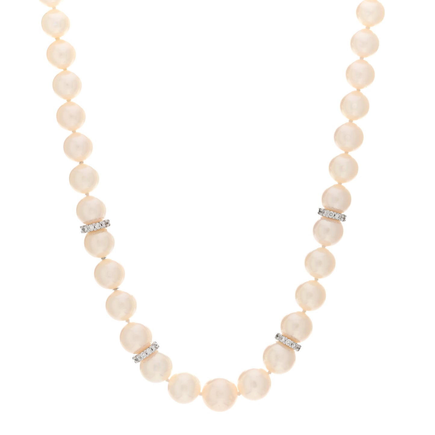 18K White Gold Diamond Akoya Pearl 7-9mm Graduated Strand Rondelle Necklace