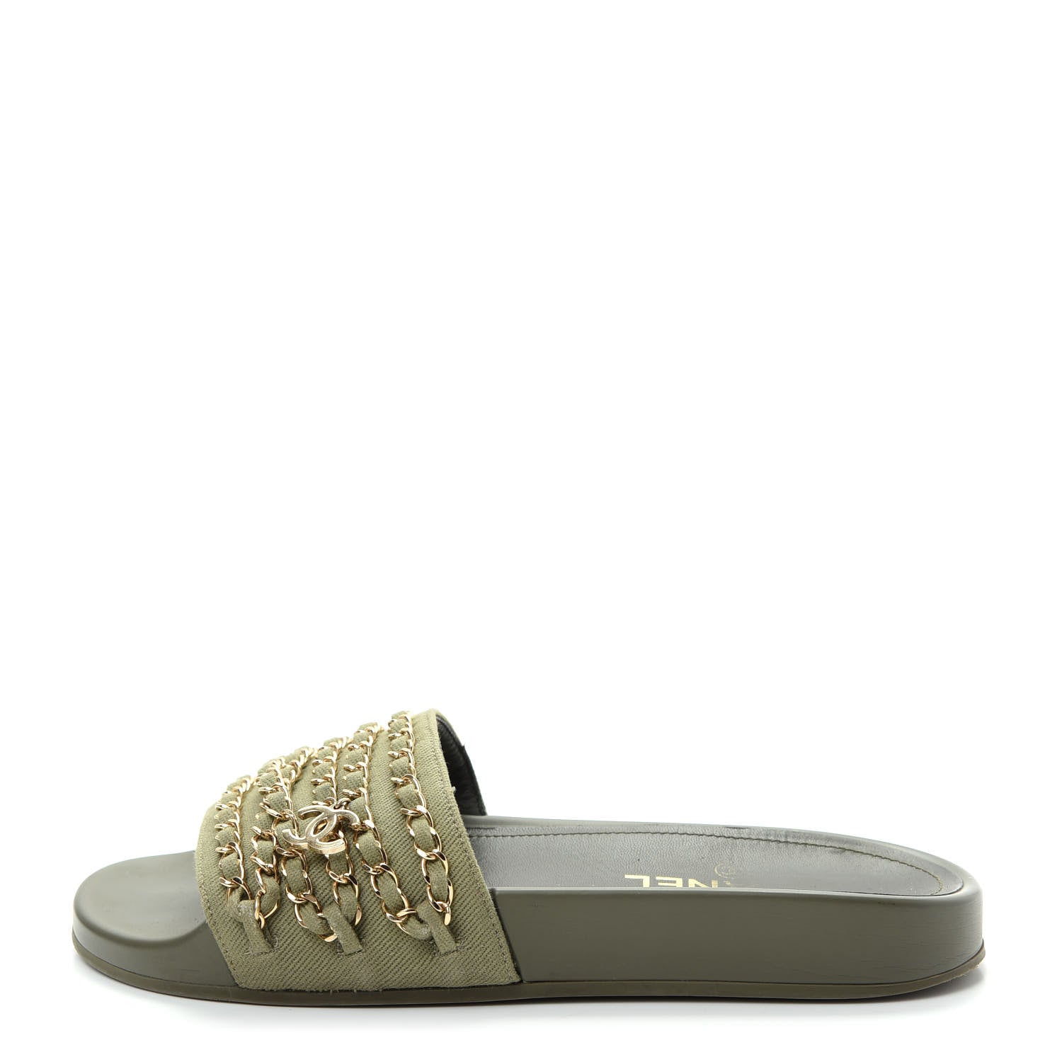 Chanel Canvas Chain Flat Sandals 38 Khaki 1 of 10