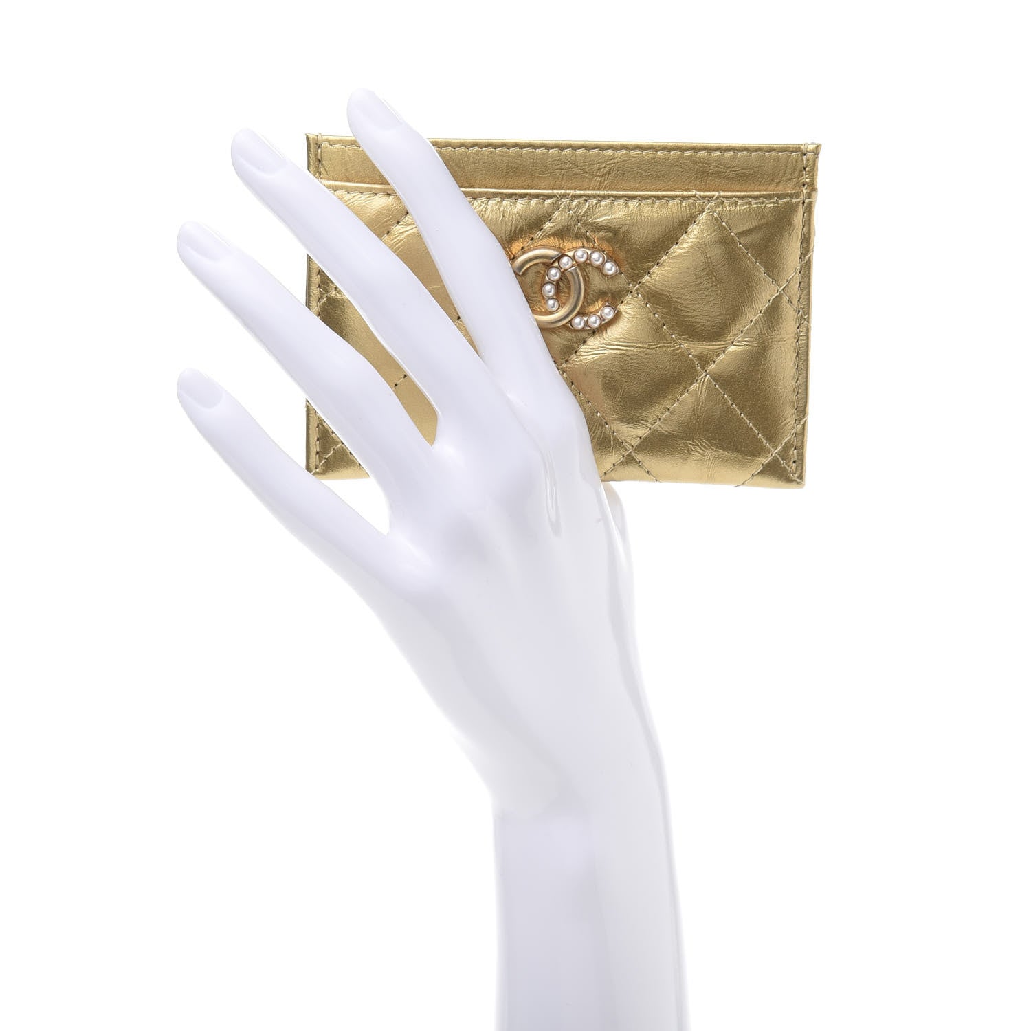 Chanel Aged Metallic Calfskin Pearl CC Quilted Card Holder Gold 3 of 11