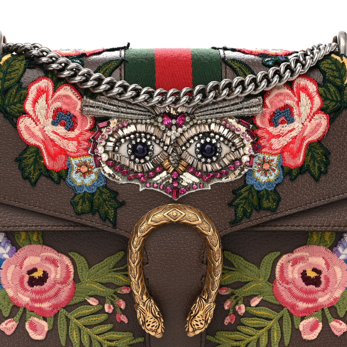 Calfskin Web Owl Embroidered Medium Dionysus Shoulder Bag New Acero Multicolor