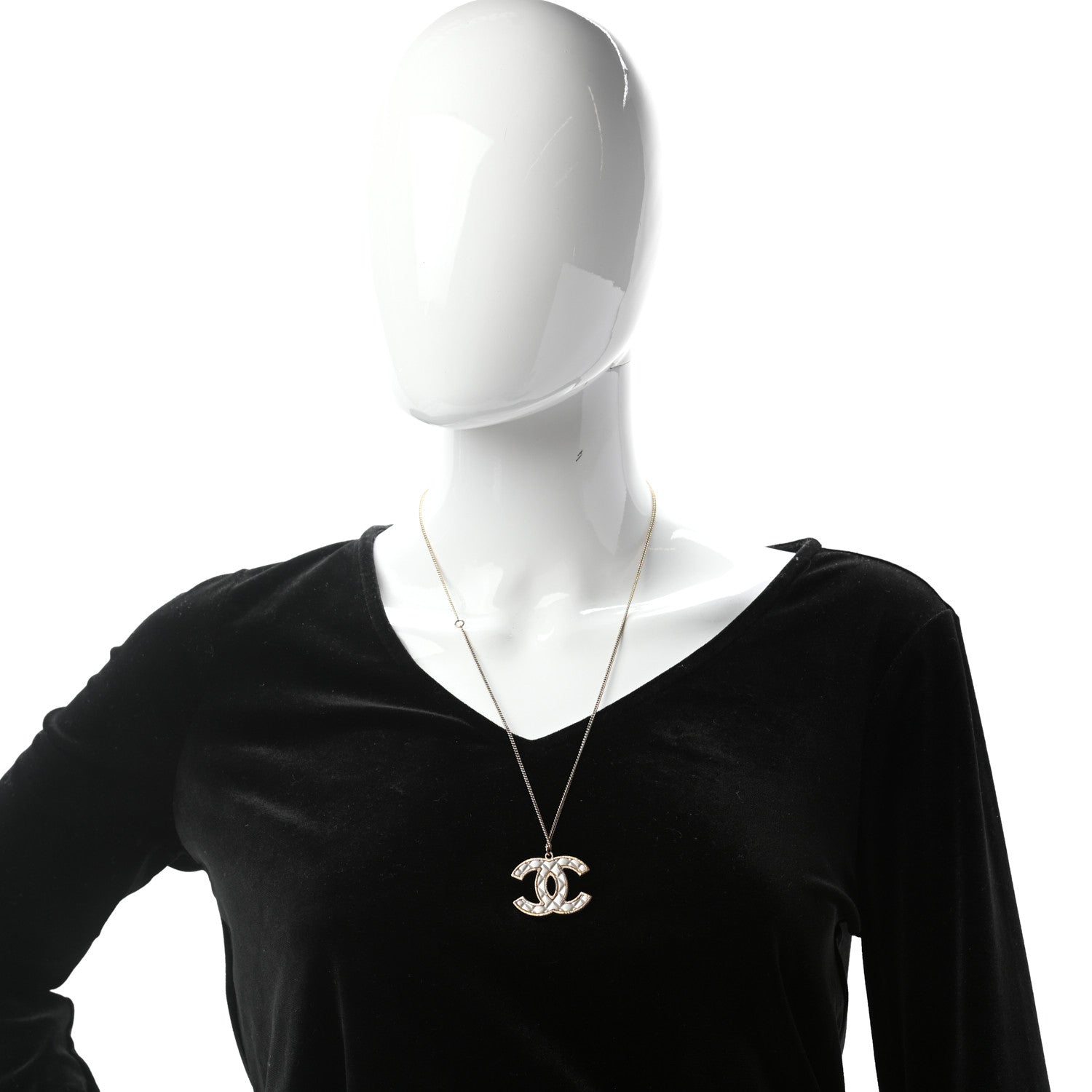 Chanel Metal Quilted CC Pendant Necklace Gold White 2 of 6
