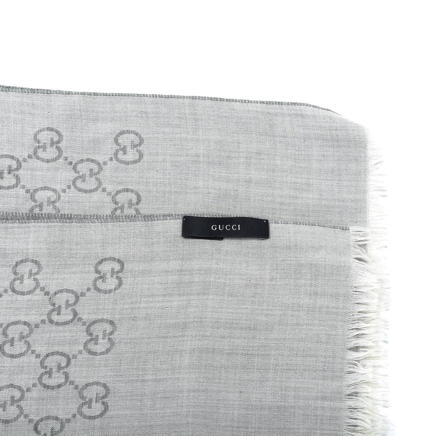 Wool Silk Monogram Fringe Scarf Grey