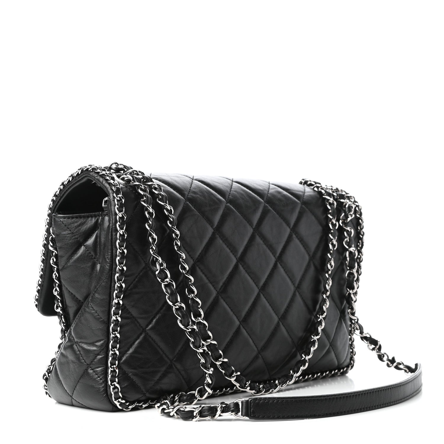 Chanel Crumpled Calfskin Quilted Large Chain All Over Flap Bag Black 3 of 9