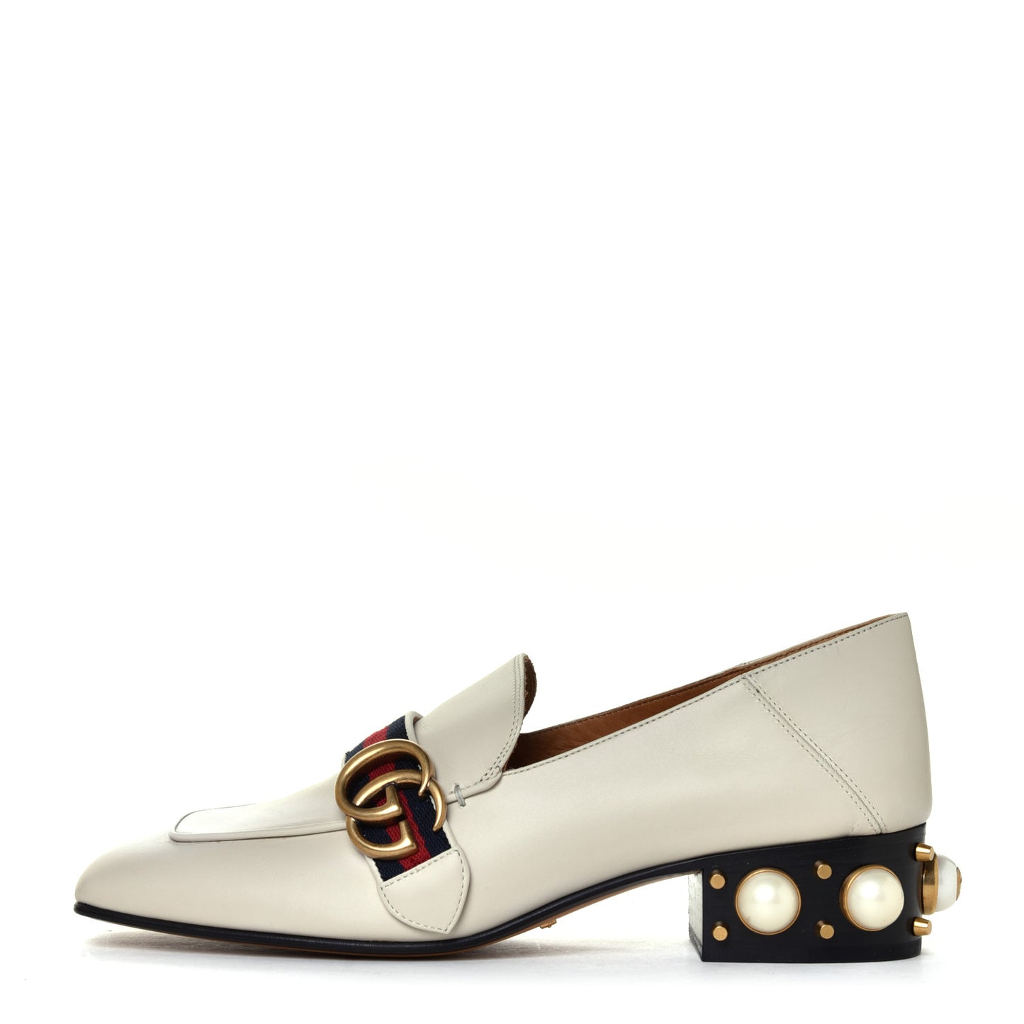 Betis Glamour Calfskin Web Pearl Embellished Peyton 35mm Loafer Pumps 38.5 Mystic White