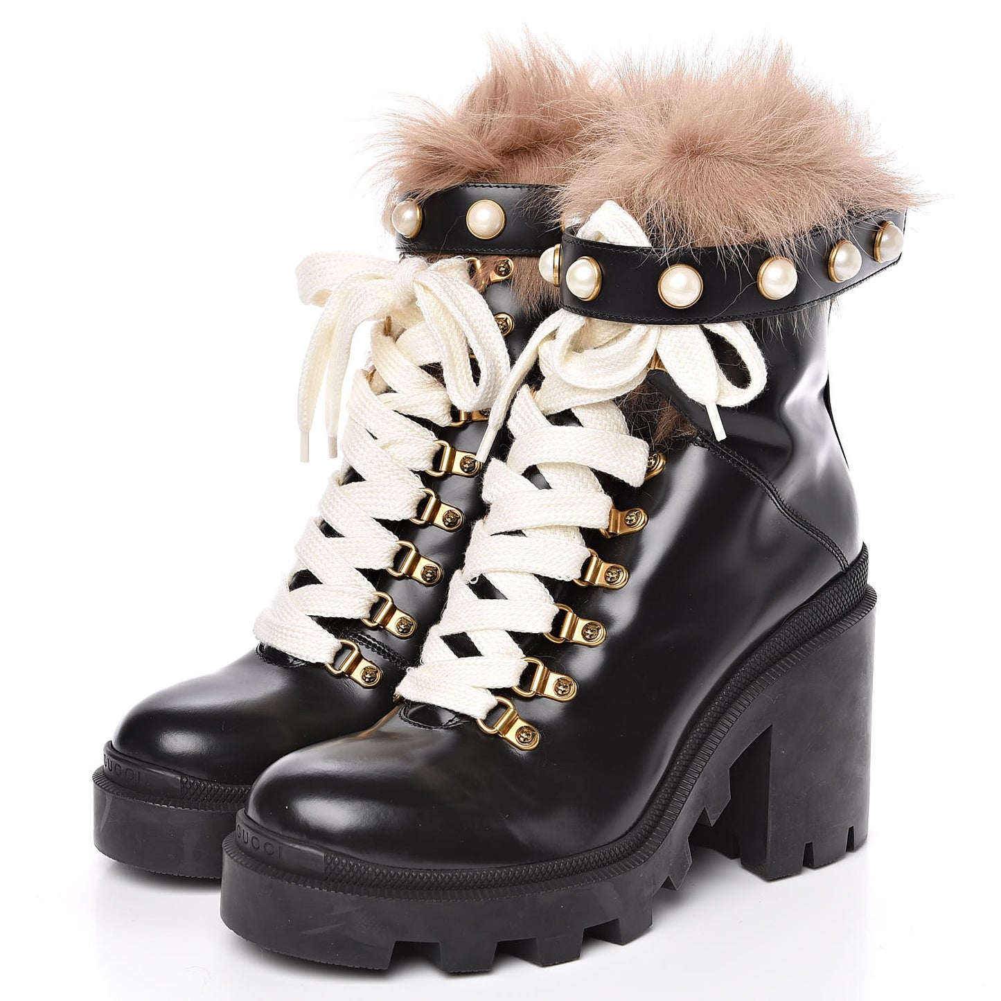 Magnum Calfskin Fur Pearl Lace Up Combat Ankle Boots 39.5 Black Naturale