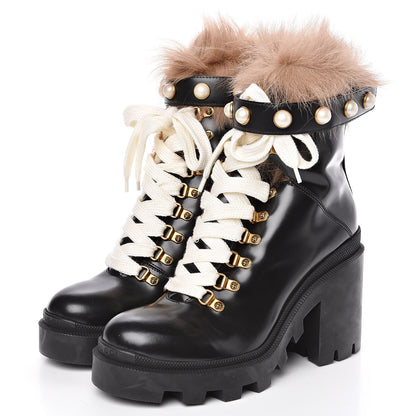 Gucci Magnum Calfskin Fur Pearl Lace Up Combat Ankle Boots 39.5 Black Naturale 3 of 7
