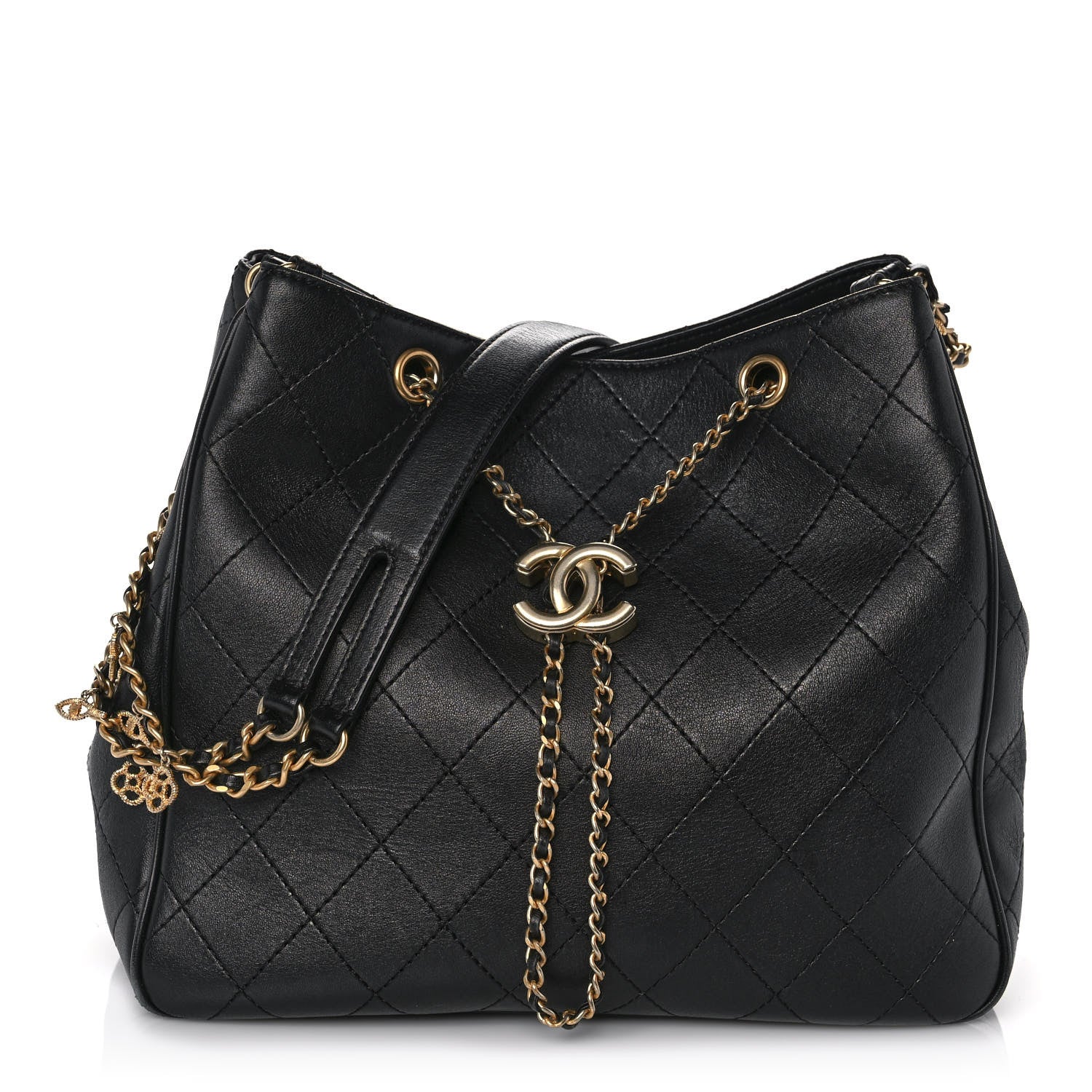 Chanel Calfskin Stitched Egyptian Amulet Drawstring Bag Black 1 of 11