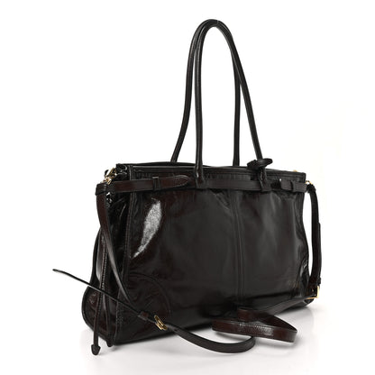 Prada Glossy Calfskin Triangle Large Bonnie Shoulder Bag Dark Brown 3 of 9