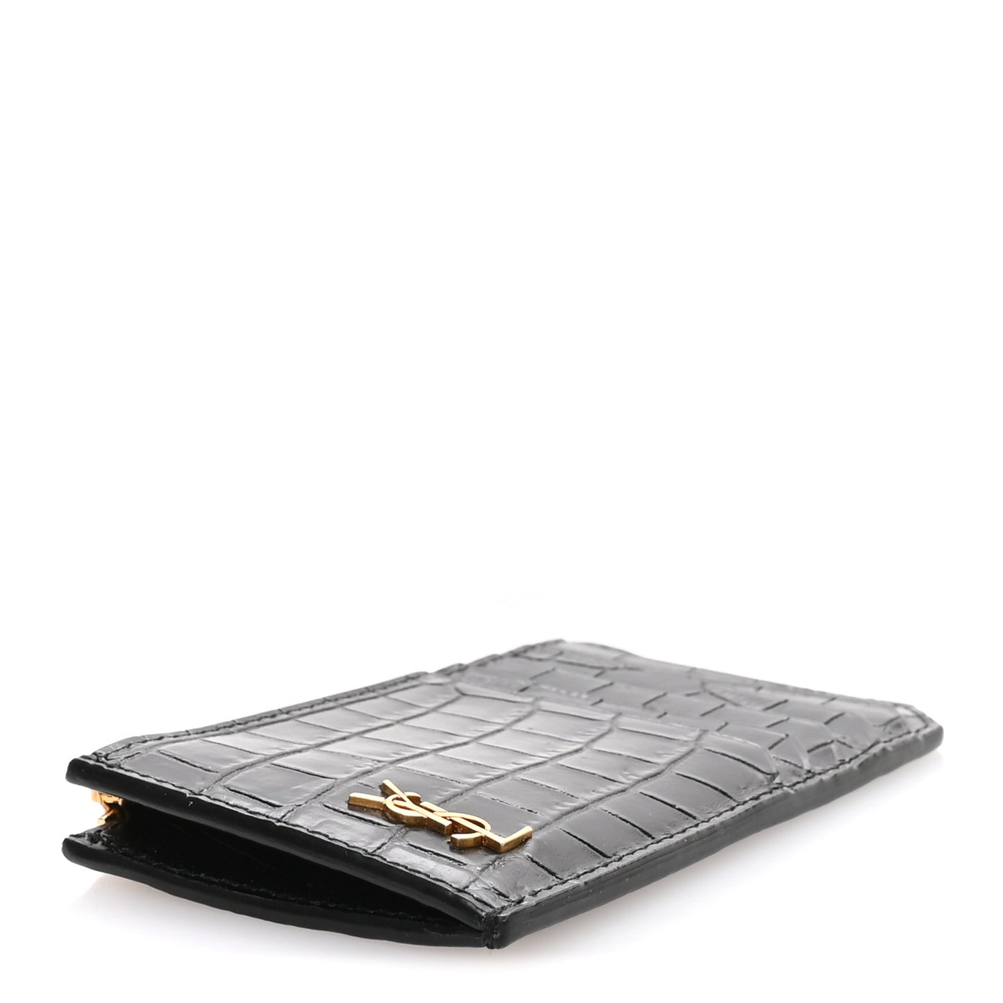 Calfskin Crocodile Embossed 5 Fragments Zip Pouch Card Holder Black