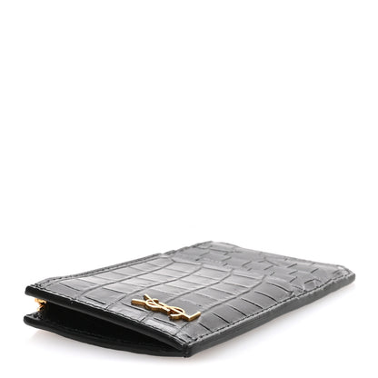 Saint Laurent Calfskin Crocodile Embossed 5 Fragments Zip Pouch Card Holder Black 4 of 7
