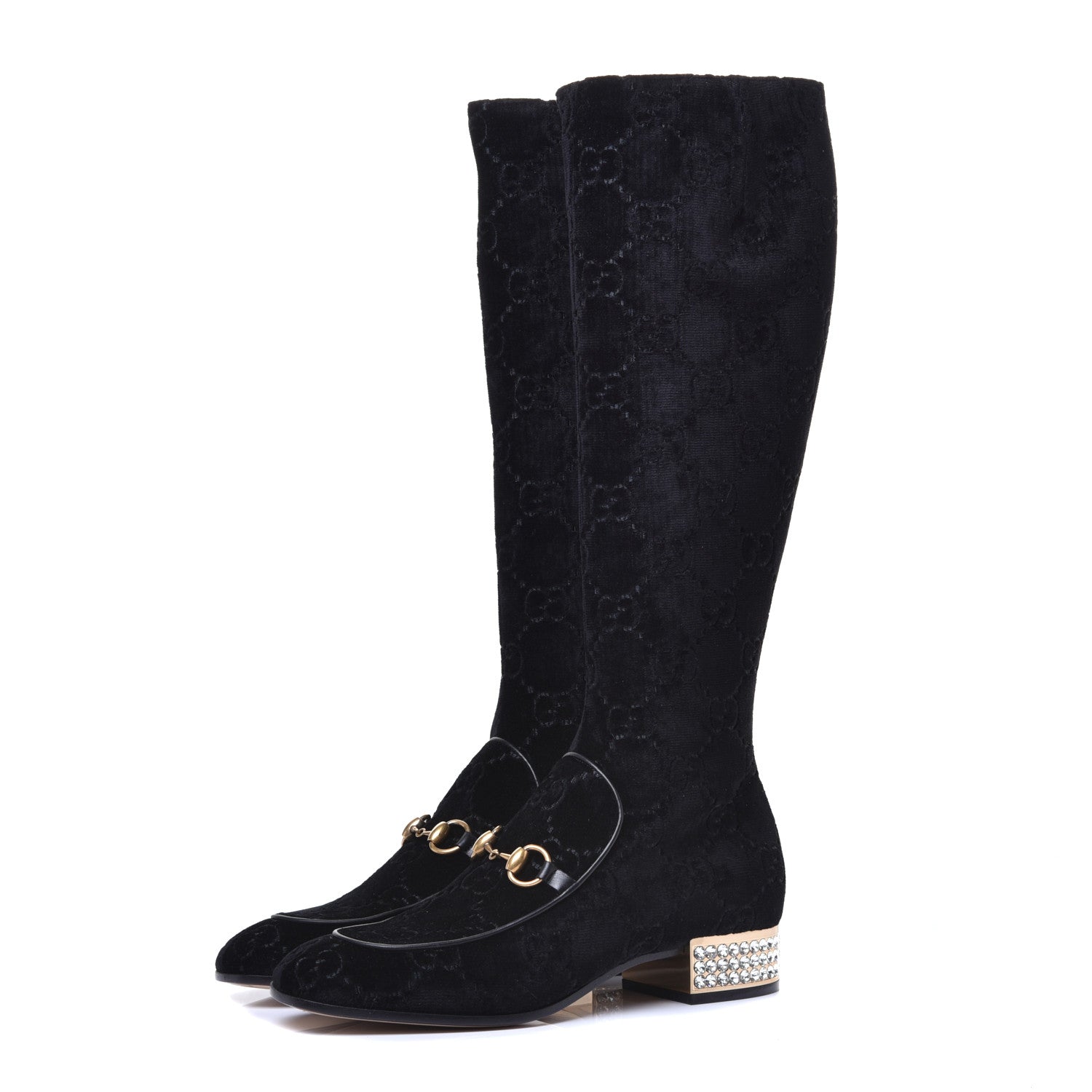 Gucci Velvet GG Monogram Crystal Horsebit Knee High Boots 39.5 Black 3 of 9