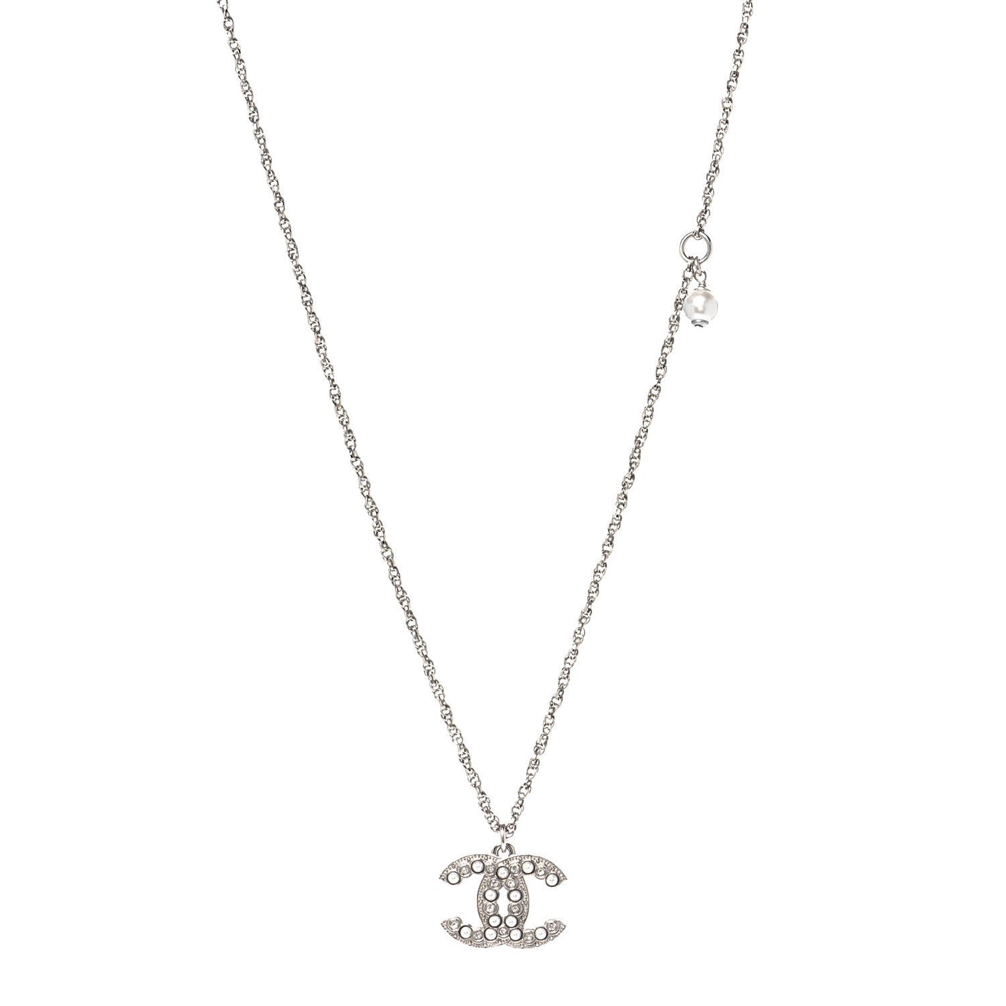 Pearl Crystal CC Pendant Necklace Silver