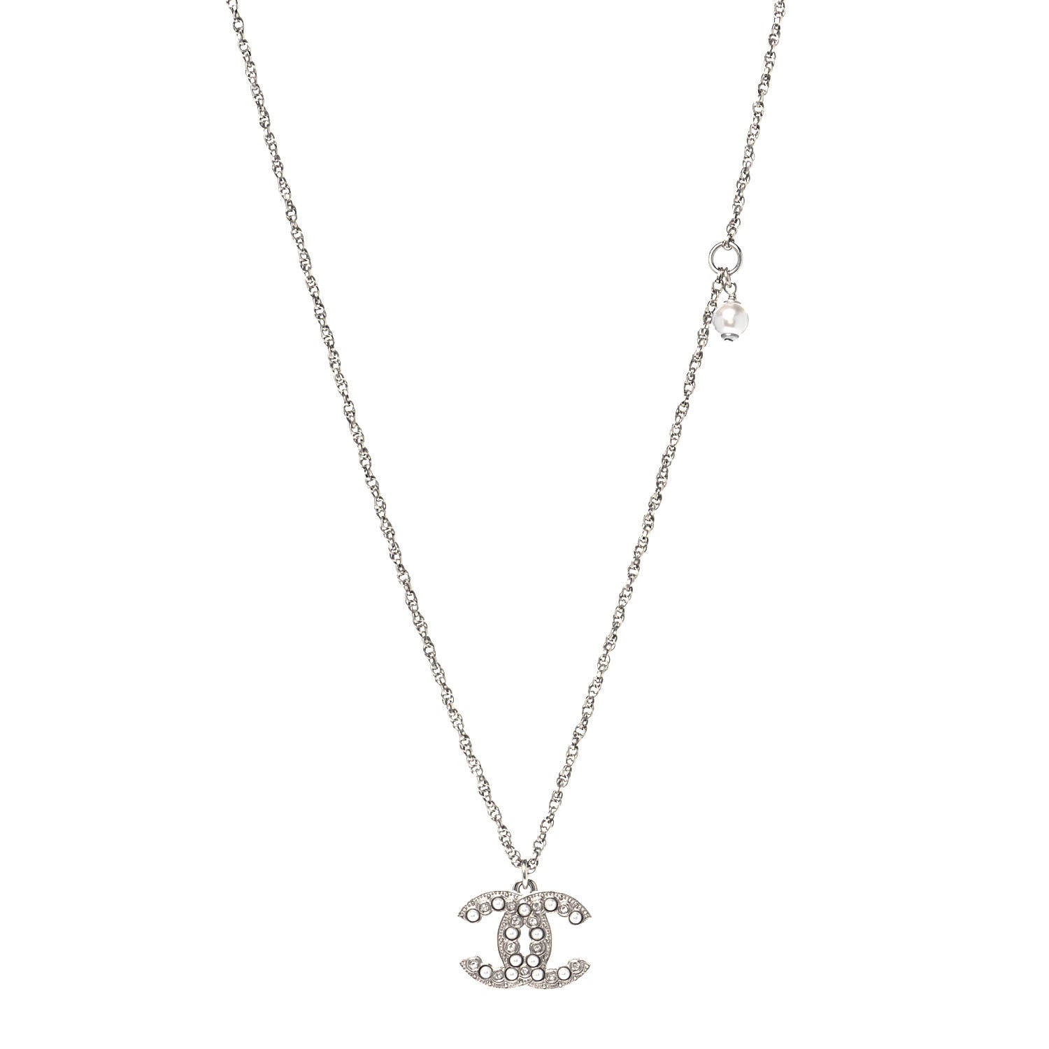 Chanel Pearl Crystal CC Pendant Necklace Silver 1 of 5