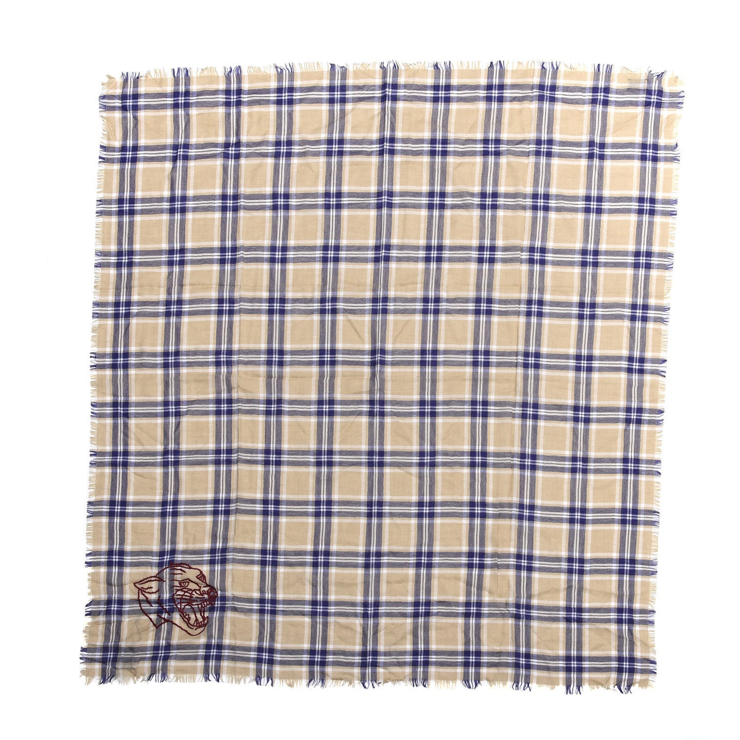 Wool Tiger Embroidered Plaid Scarf Beige Navy