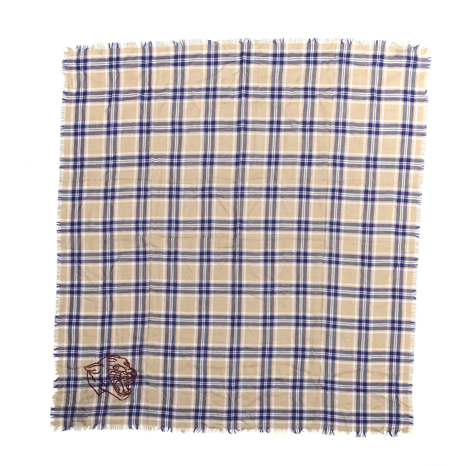 Gucci Wool Tiger Embroidered Plaid Scarf Beige Navy 1 of 4