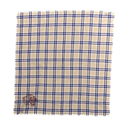 Gucci Wool Tiger Embroidered Plaid Scarf Beige Navy 1 of 4