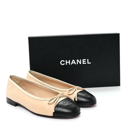 Chanel Lambskin Cap Toe CC Ballerina Flats 36.5 Beige Black 10 of 10