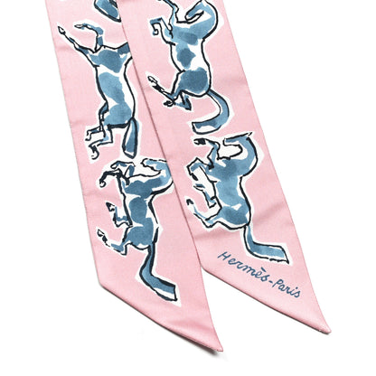 Hermes Silk Chevaux En Liberte Twilly Vieux Rose Bleu 2 of 4
