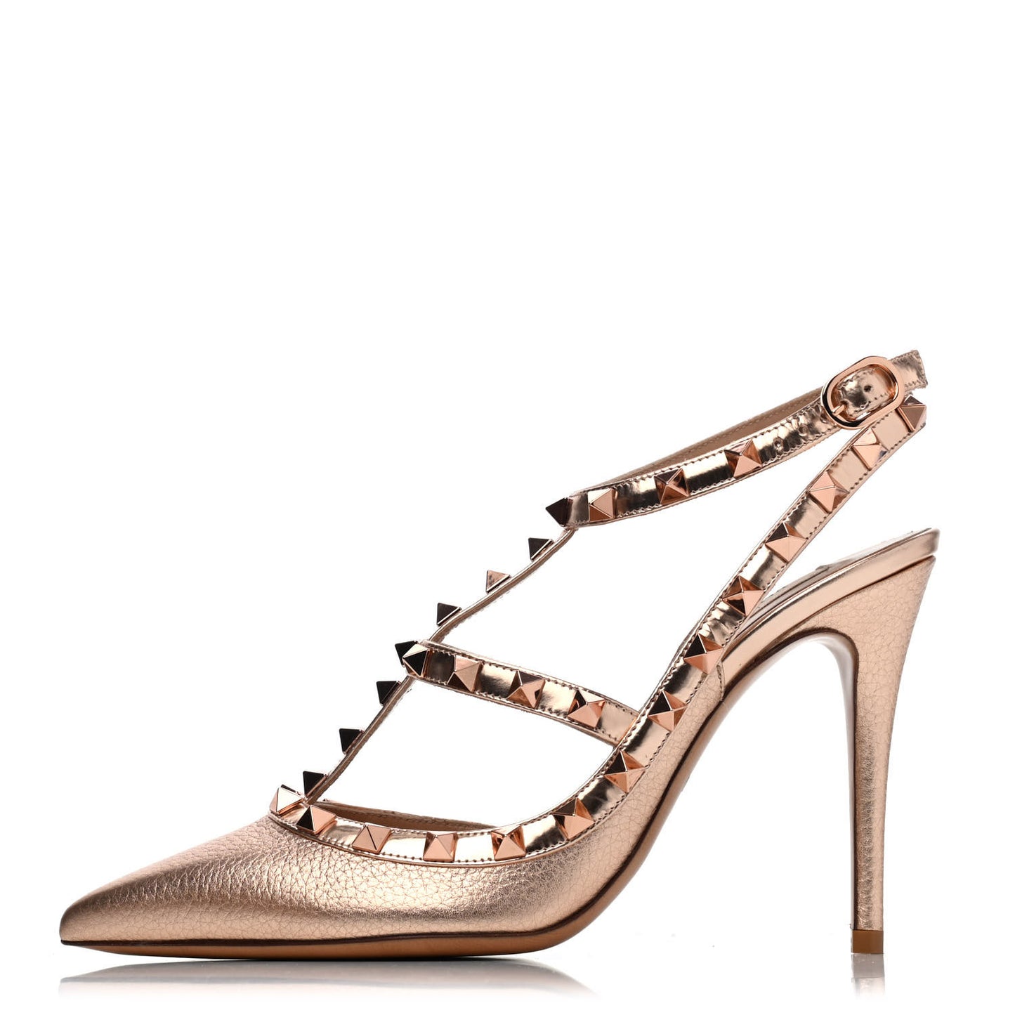 Metallic Pebbled Calfskin Rockstud Ankle Strap 100mm Pumps 37 Rame