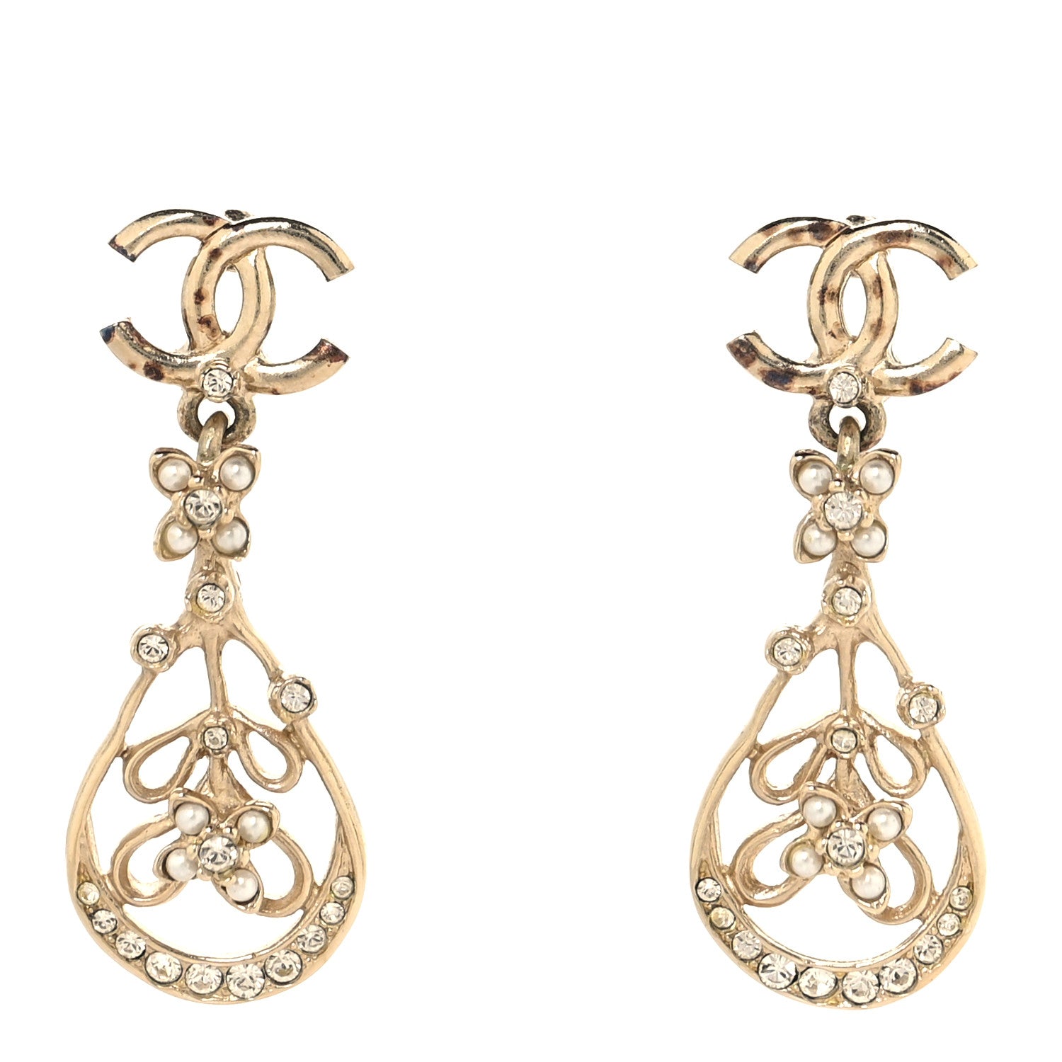 Chanel Pearl Crystal CC Drop Earrings Gold 2 of 10