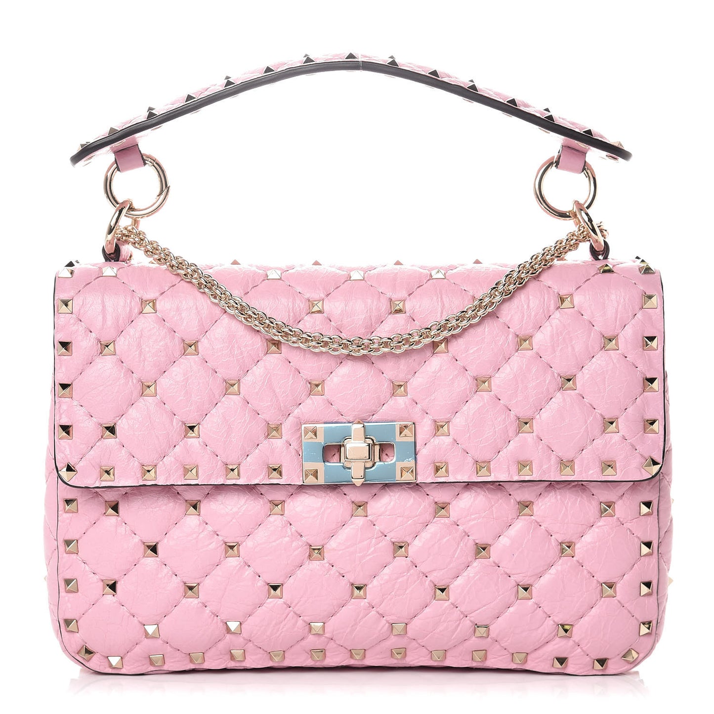 Craquele Nappa Medium Rockstud Spike Shoulder Bag Pink