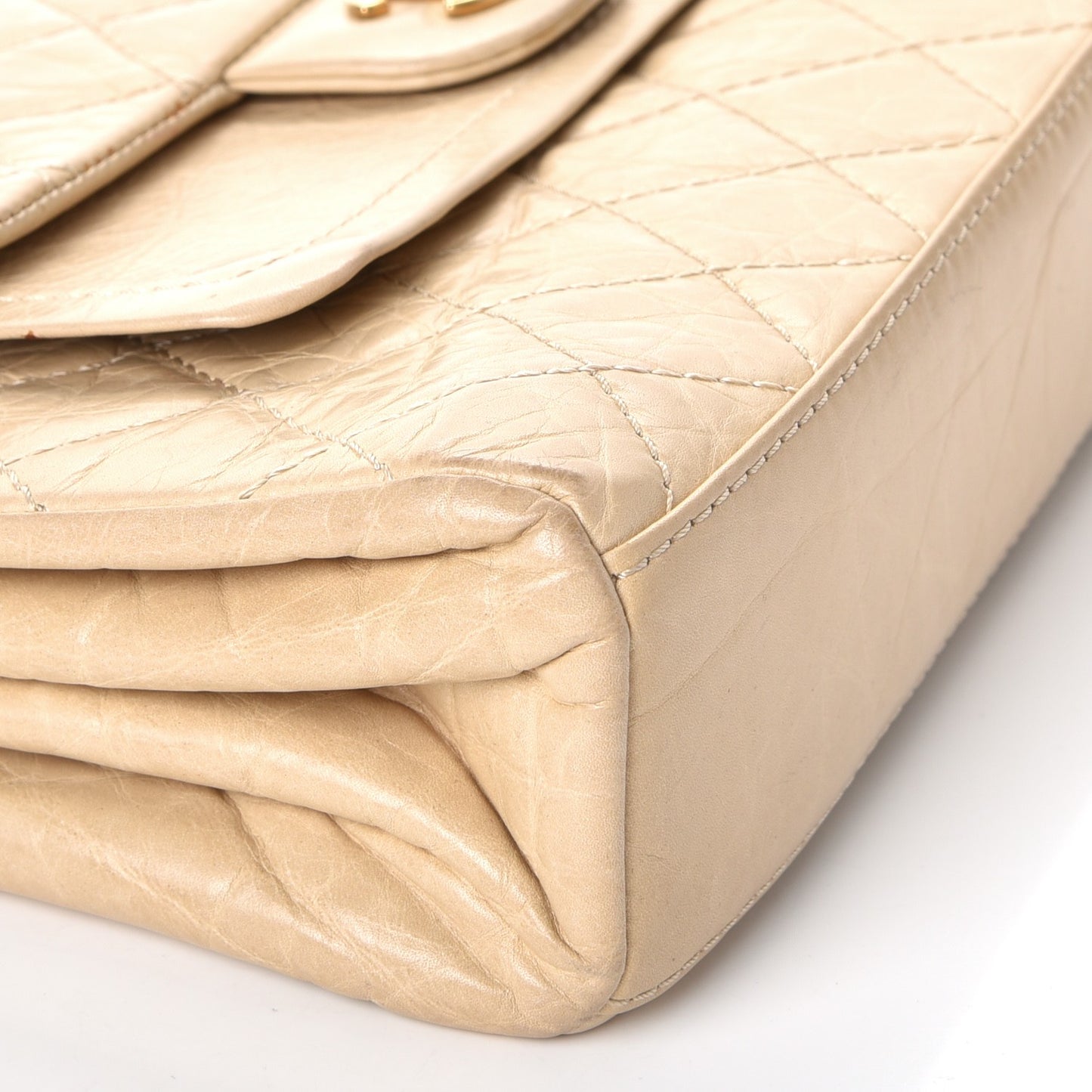 Aged Calfskin Quilted Accordion Double Flap Beige