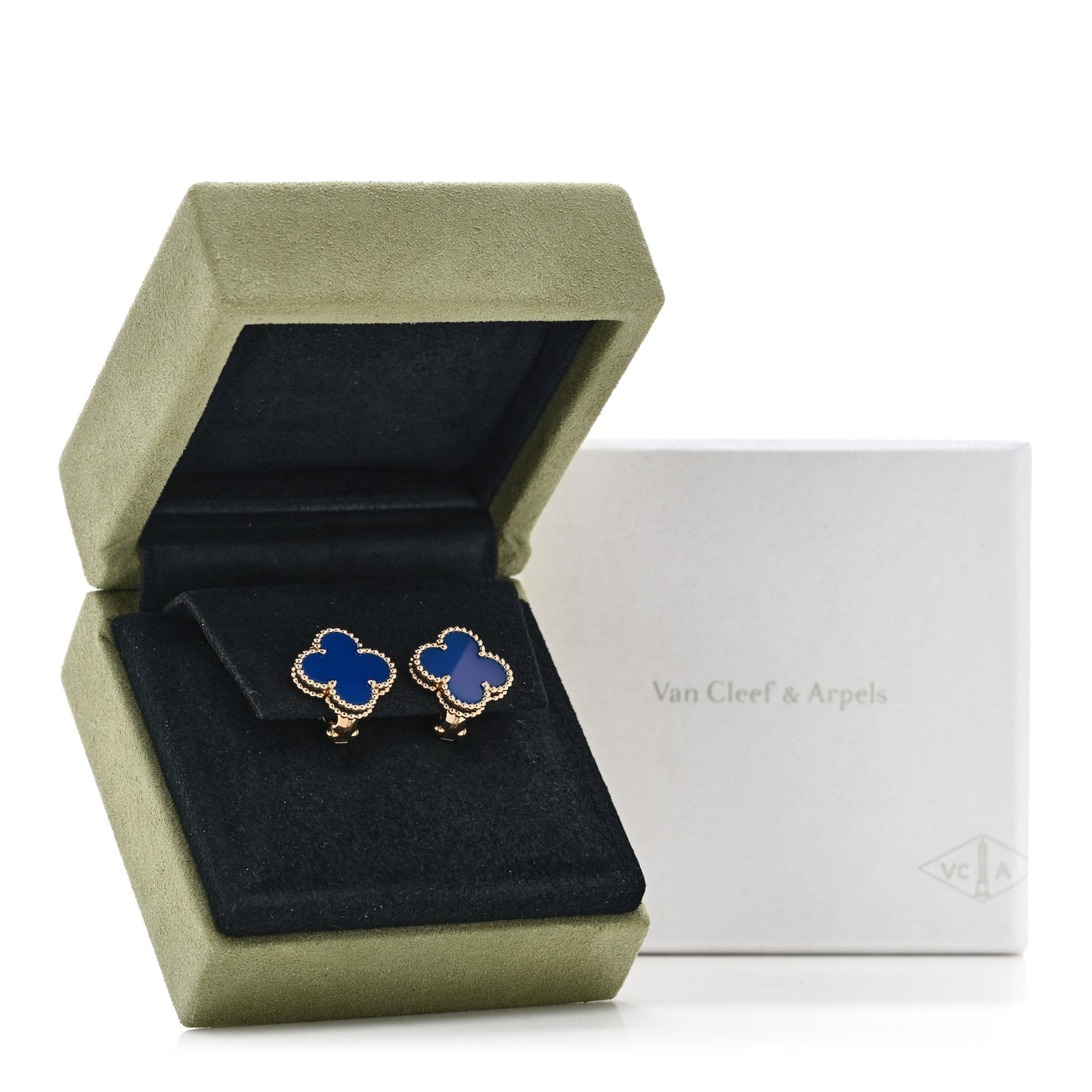 18K Yellow Gold Blue Agate Vintage Alhambra Earrings