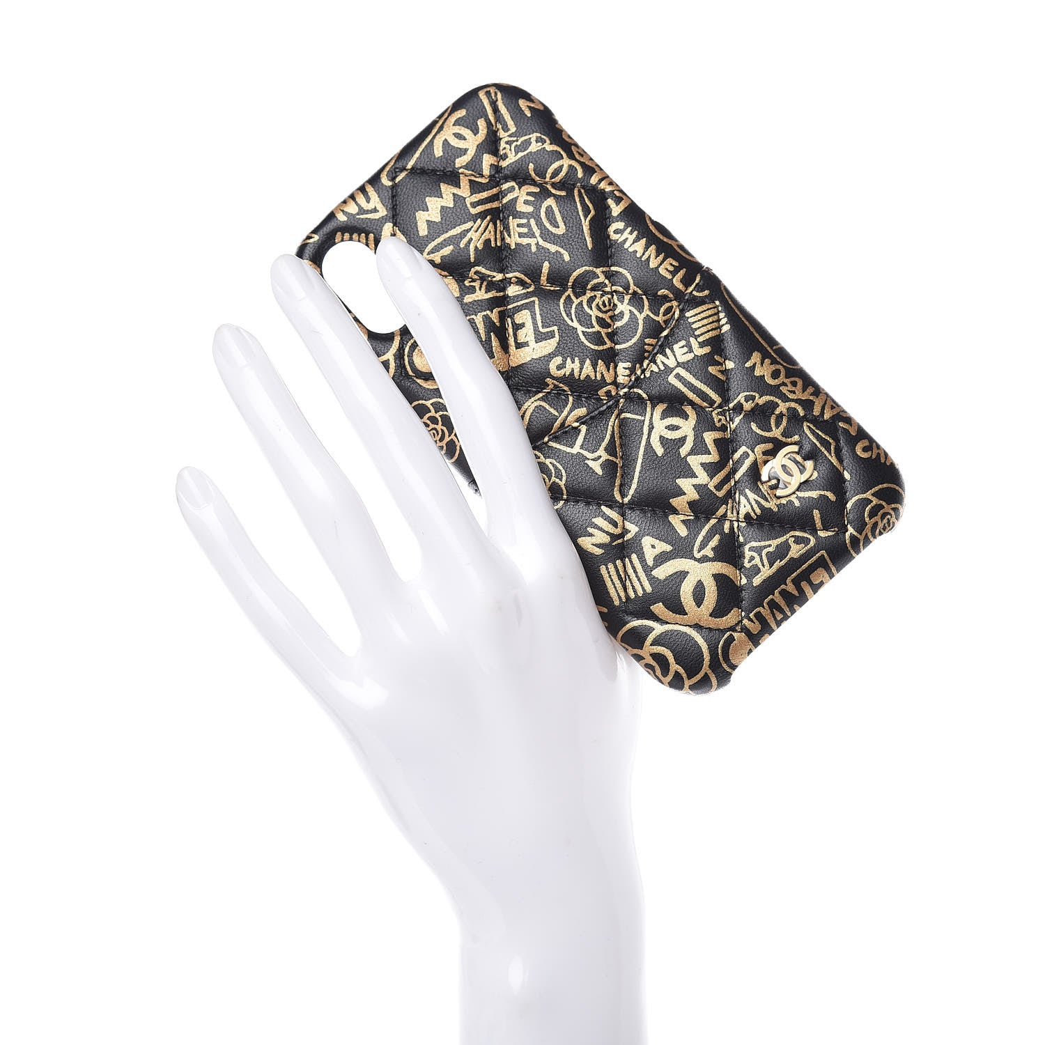 Chanel Lambskin Quilted iPhone X Coco Tech Egyptian Graffiti Case Black Gold 2 of 7
