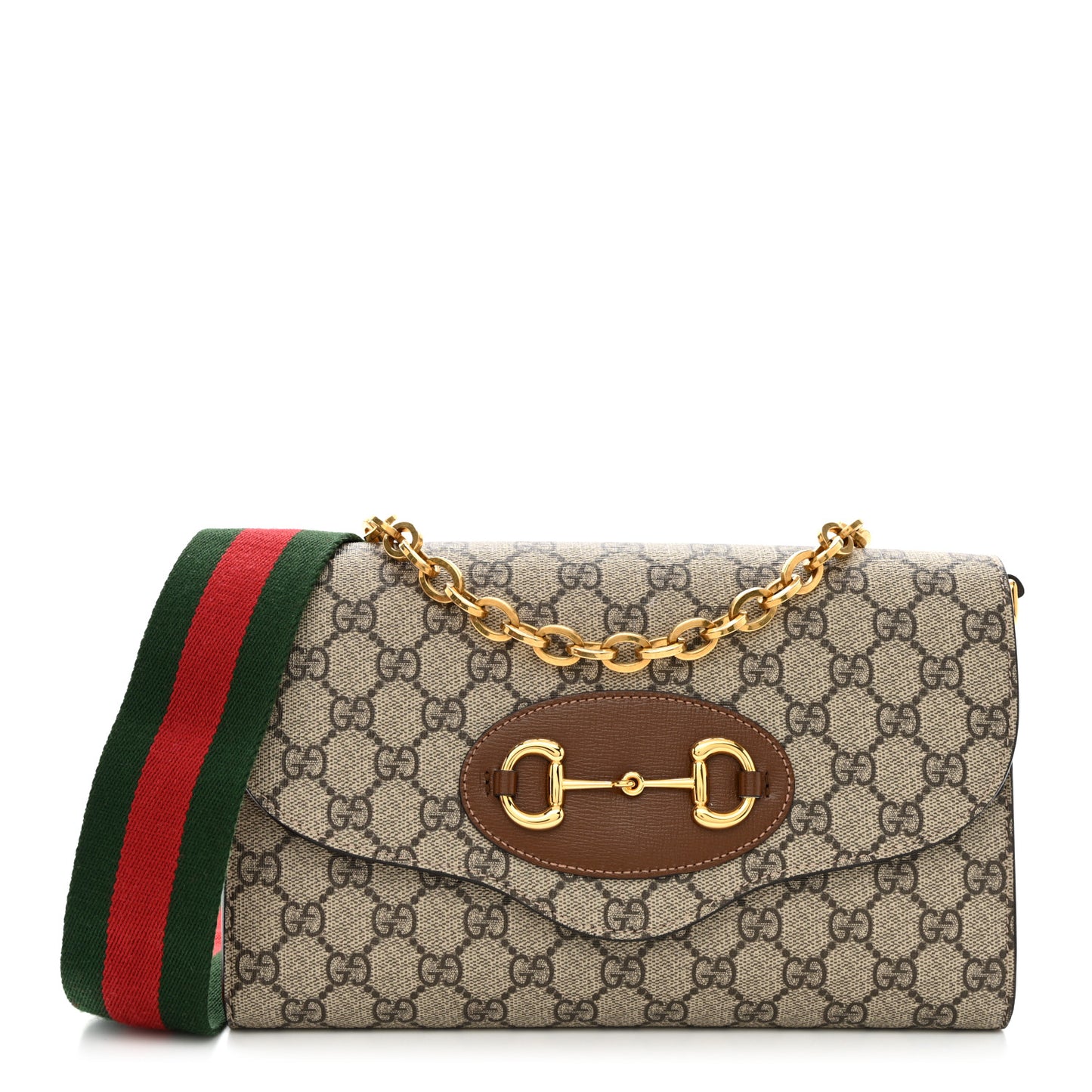 GG Supreme Monogram Azalea Calfskin Web Small Horsebit 1955 Crossbody Bag Beige Ebony Brown Sugar