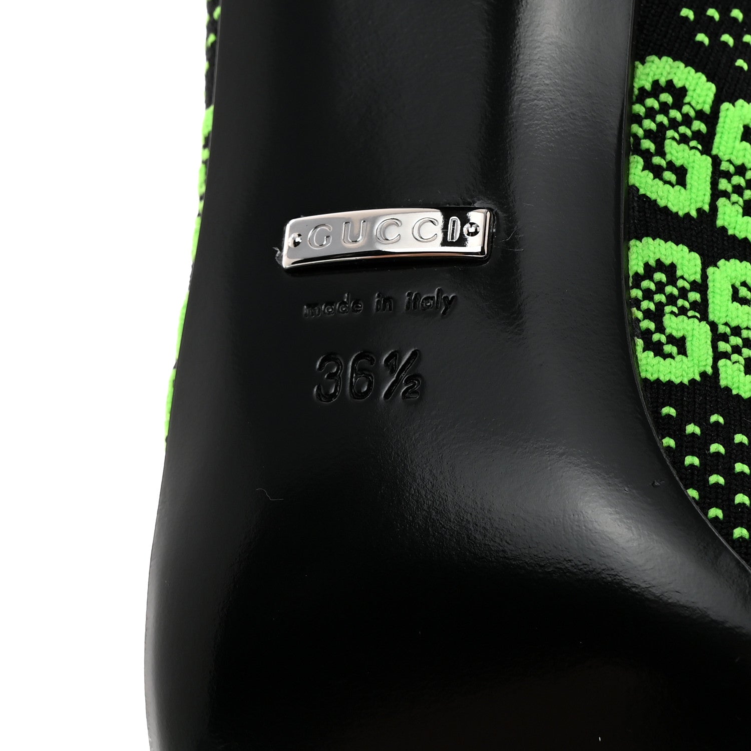 Gucci Technical Jersey Knit GG Monogram Square G 75mm Ankle Boots 36.5 Black Neon Green 7 of 8
