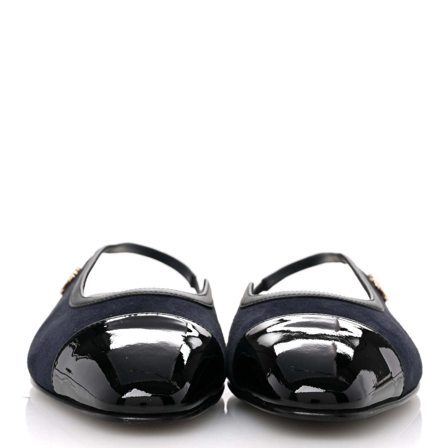 Chanel Suede Patent Crystal CC Cap Toe Slingback Flats 41 Navy Black 3 of 9