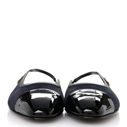 Chanel Suede Patent Crystal CC Cap Toe Slingback Flats 41 Navy Black 3 of 9