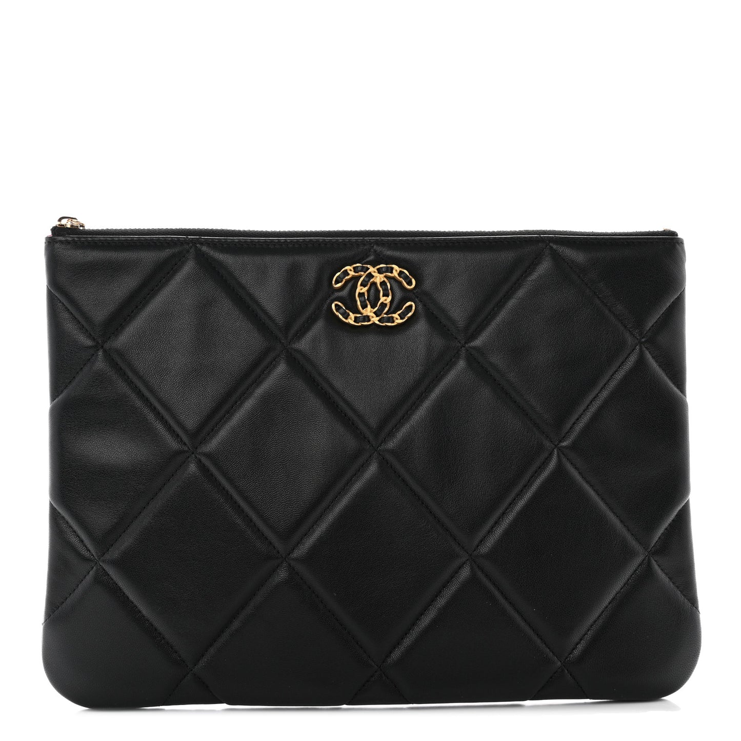 Goatskin Quilted Large Chanel 19 Pouch Black