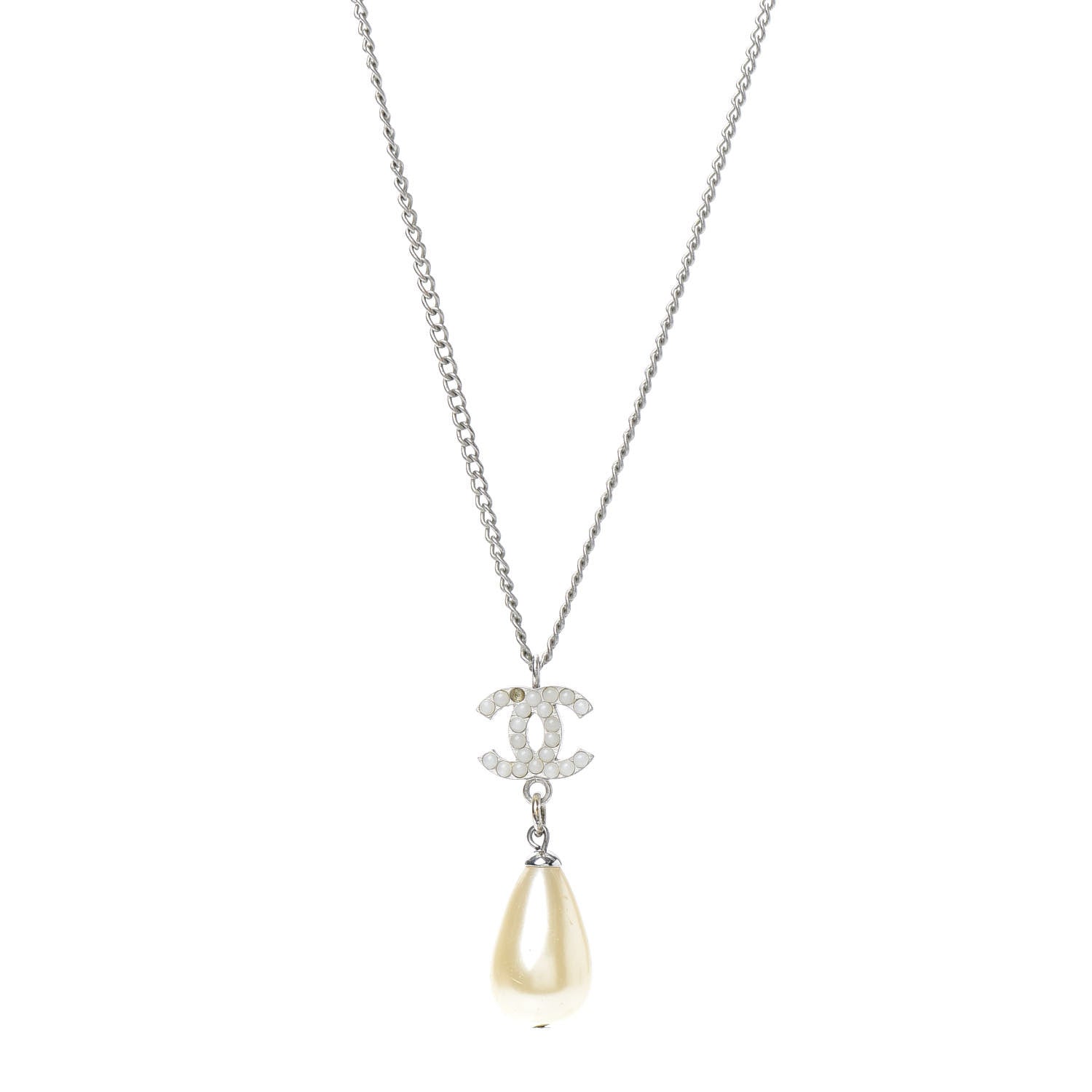 Chanel Pearl Bead CC Drop Necklace Silver 1 of 5