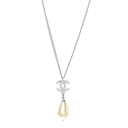 Chanel Pearl Bead CC Drop Necklace Silver 1 of 5