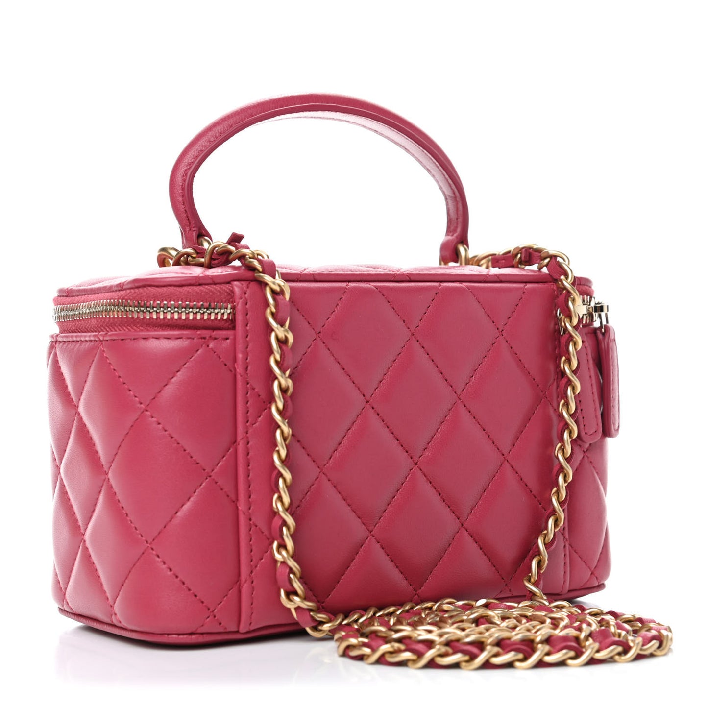 Lambskin Quilted Small Top Handle Vanity Case With Chain Dark Pink