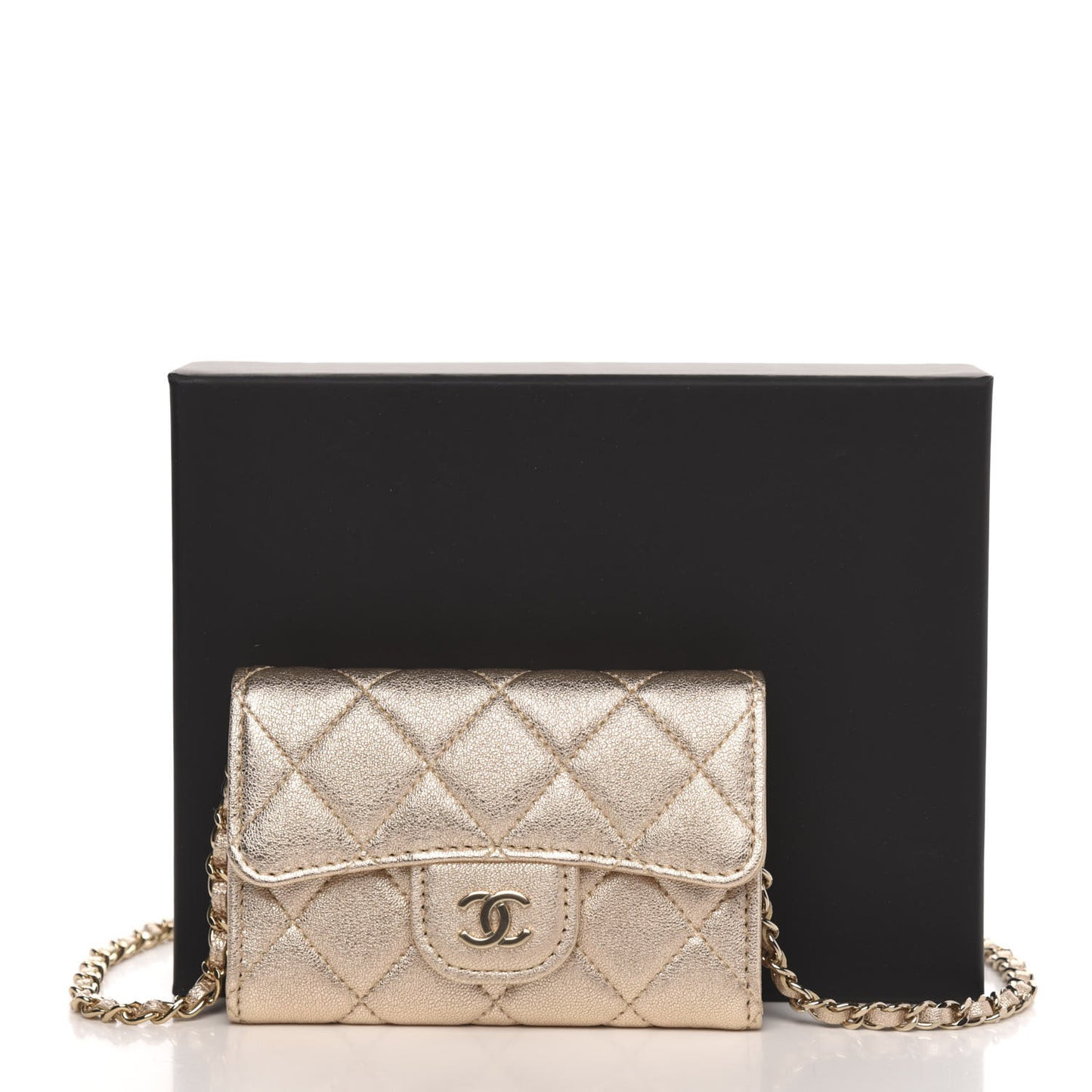 Metallic Lambskin Quilted Flap Chain Waist Bag Gold
