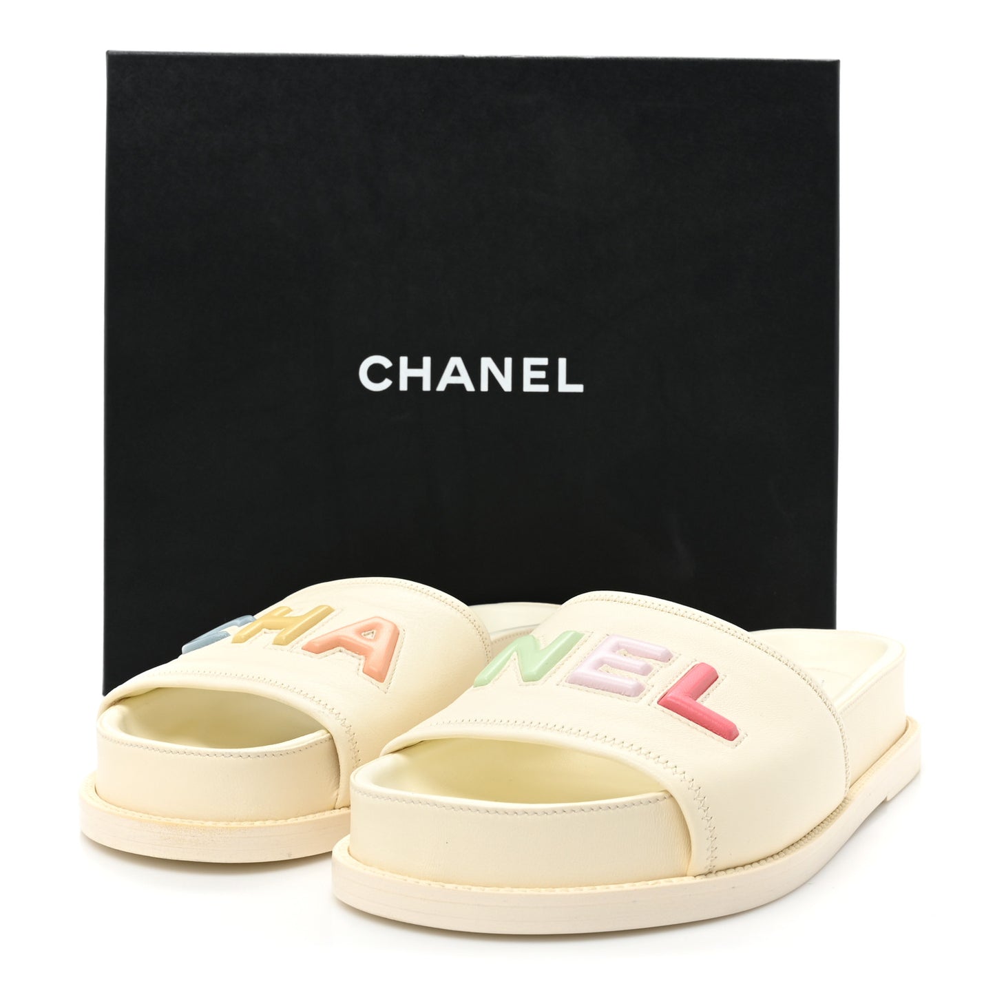 Lambskin Cha-Nel Mule Sandals 38.5 Ivory Multicolor