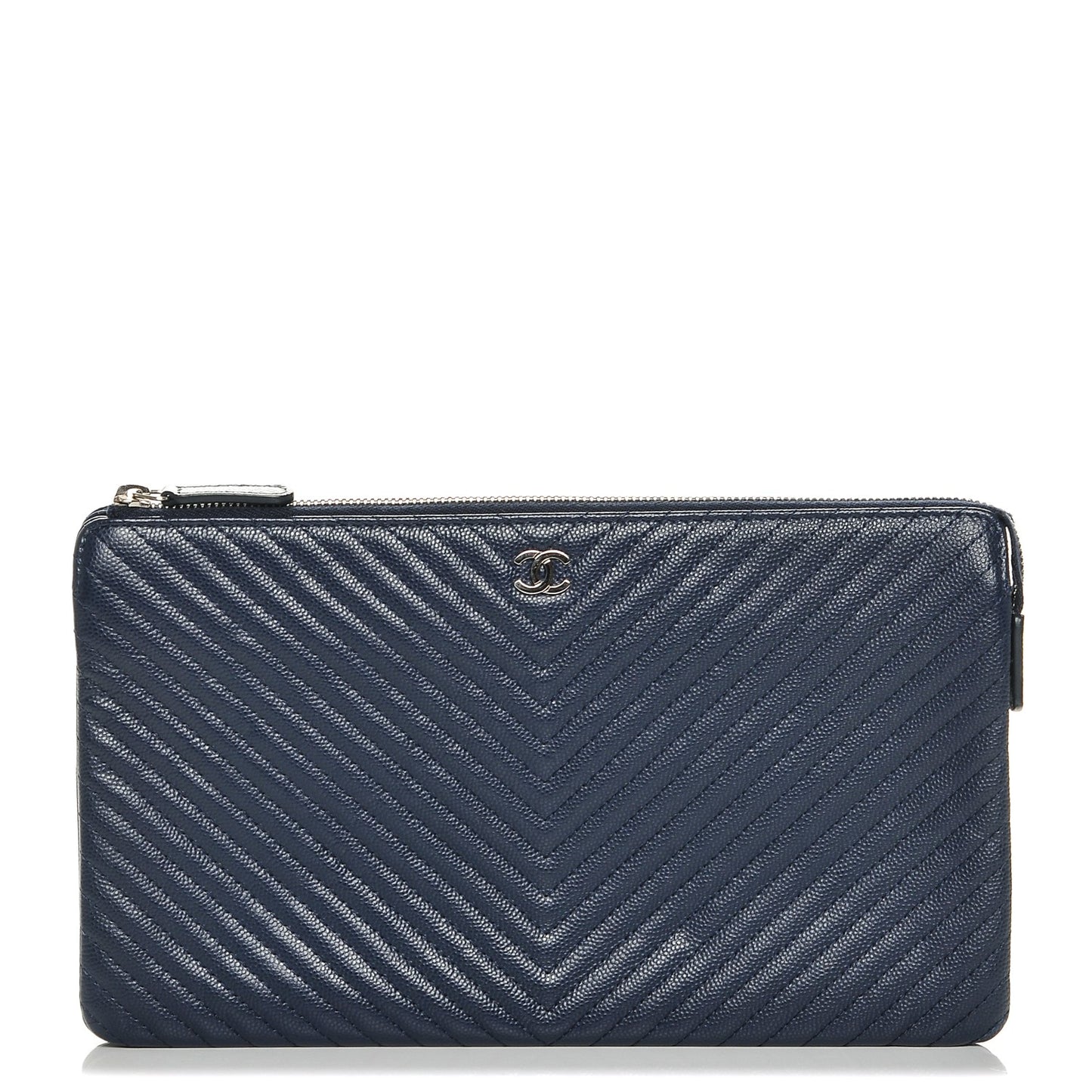 Caviar Chevron Quilted Large Zipped Clutch Navy