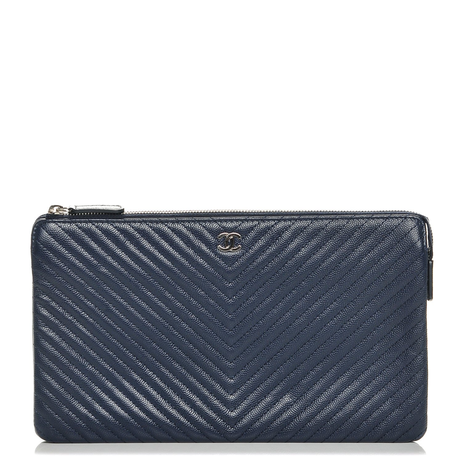 Chanel Caviar Chevron Quilted Large Zipped Clutch Navy 1 of 7