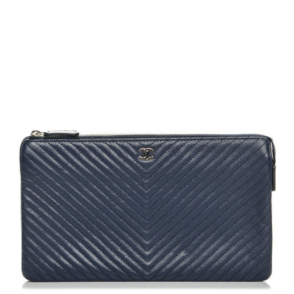 Chanel Caviar Chevron Quilted Large Zipped Clutch Navy 1 of 7
