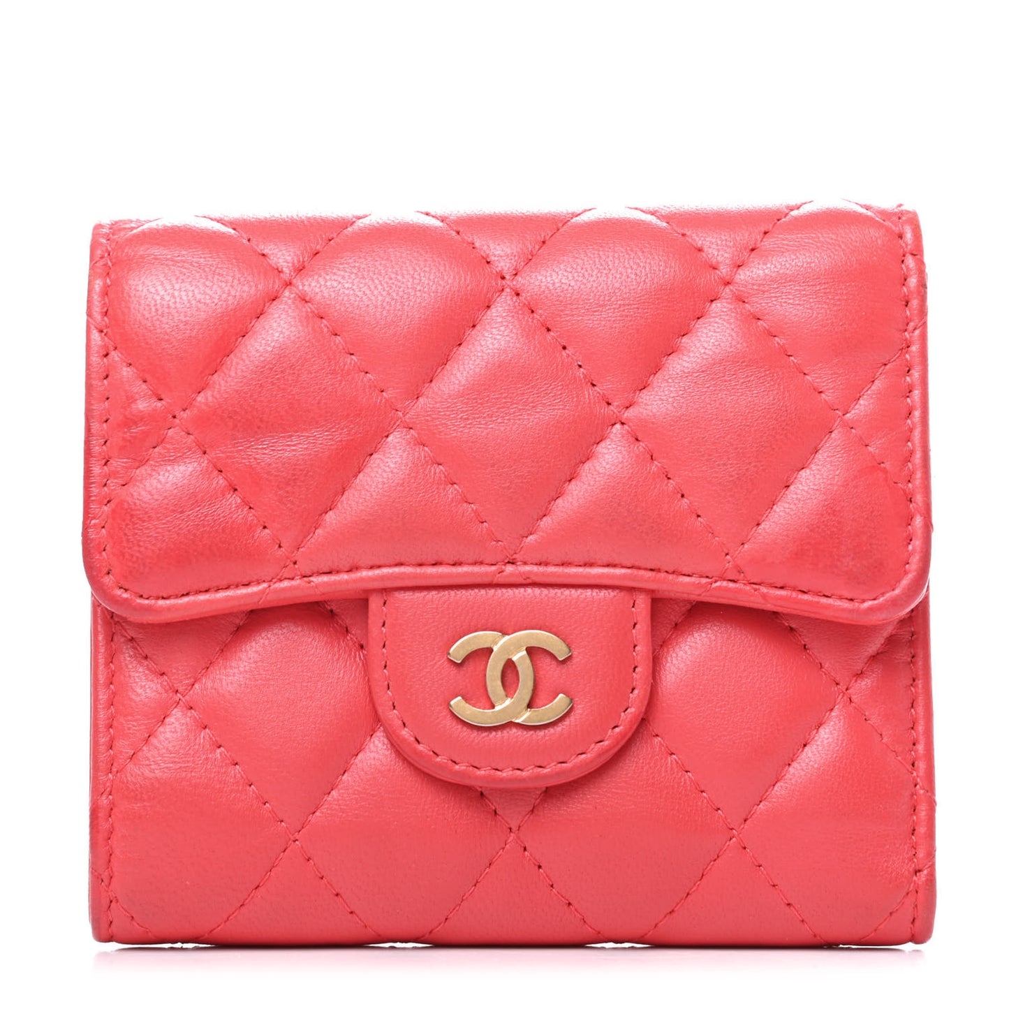 Lambskin Quilted Compact Flap Wallet Coral