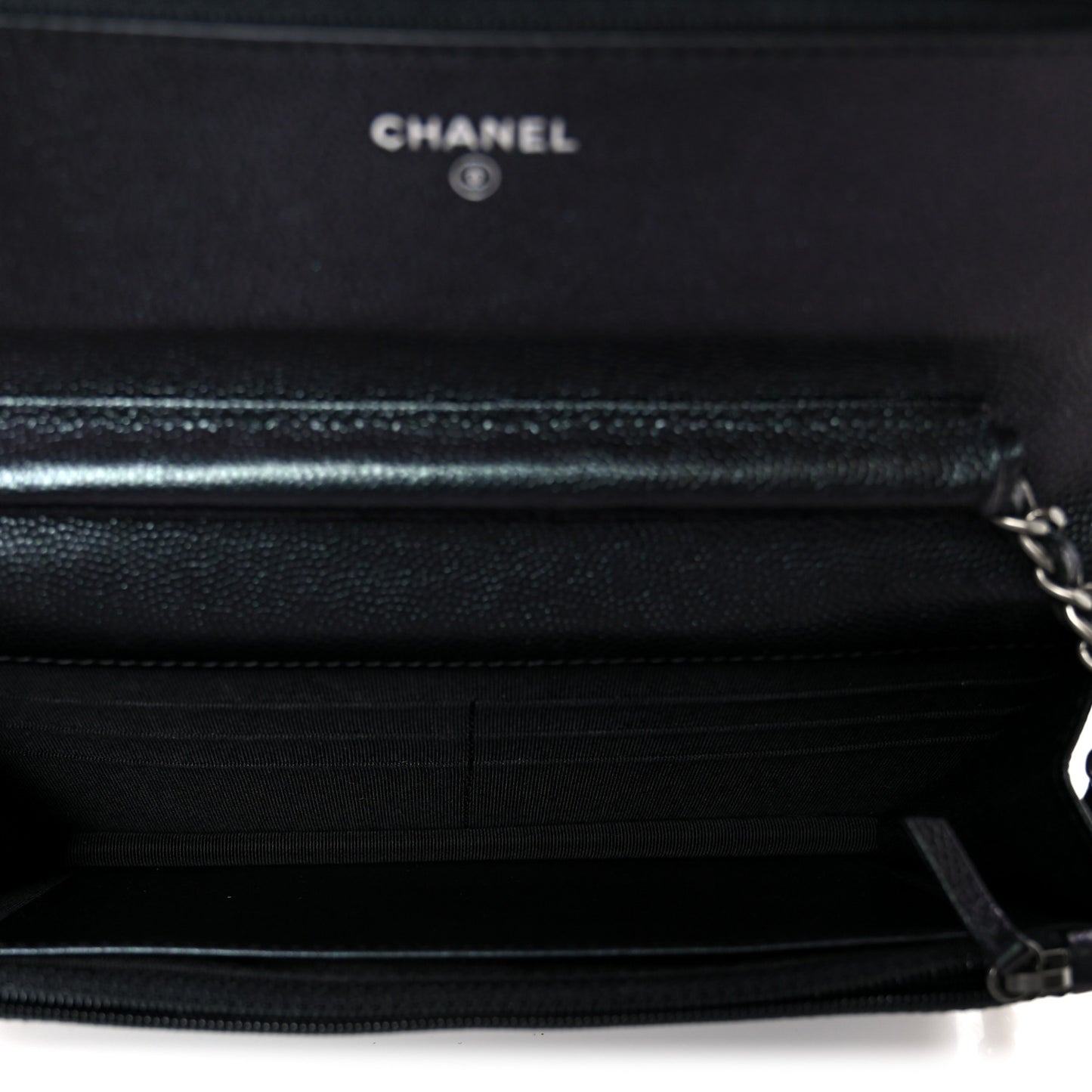 Iridescent Caviar Chevron Quilted Wallet On Chain WOC Black