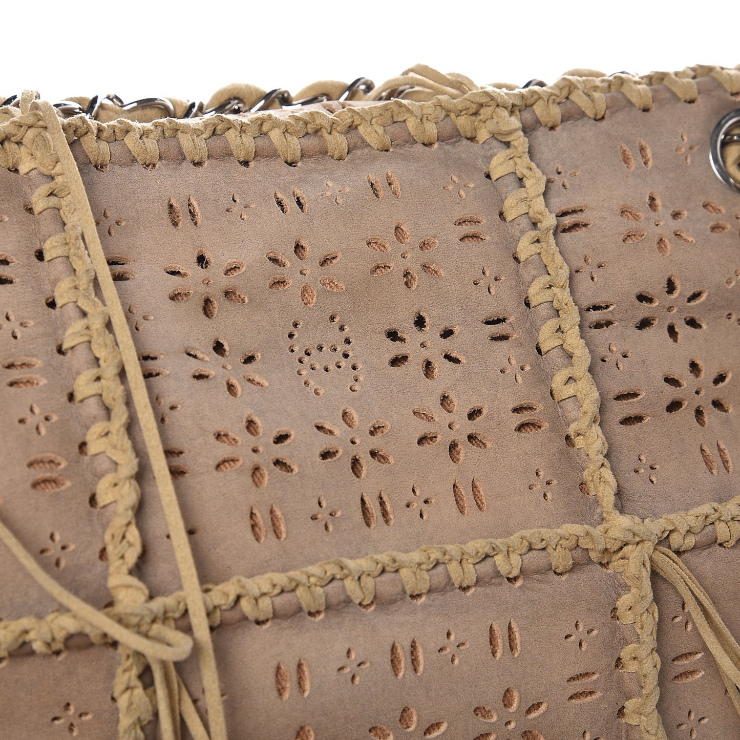 Suede Calfskin Perforated Fringe Flap Beige