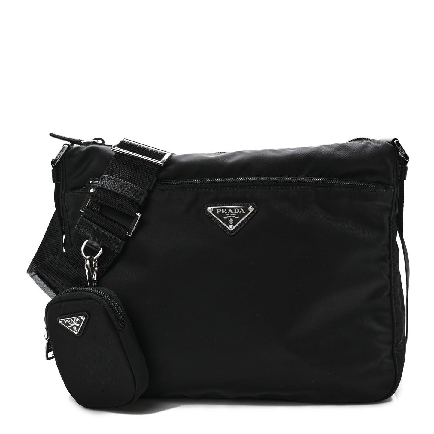 Re-Nylon Vela Saffiano Pocket Double Zip Messenger Bag Black