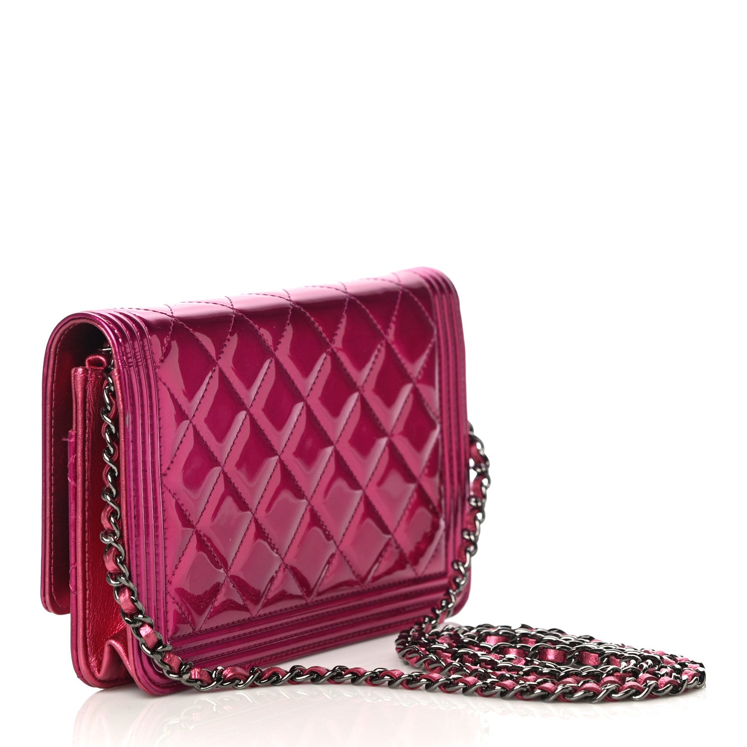 Chanel Metallic Patent Calfskin Quilted Boy Wallet On Chain WOC Fuchsia 3 of 18
