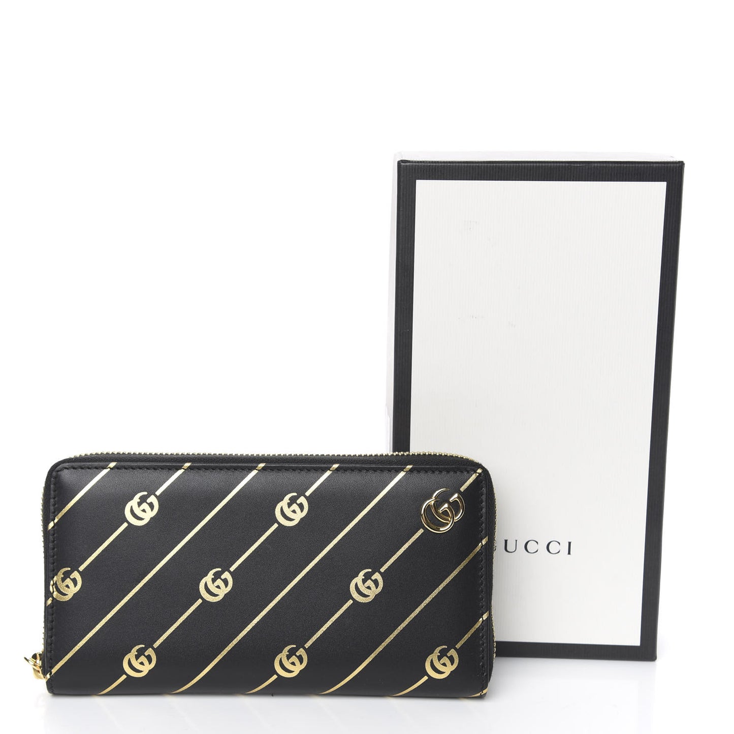 Moon Calfskin Diagonal GG Zip Around Wallet Black Gold